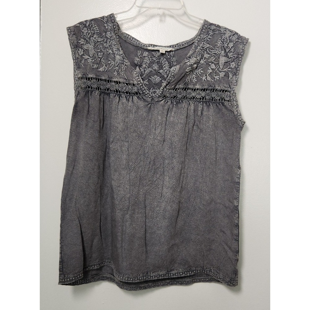 Solitaire Embroidered Gray Floral V-Neck Sleeveless Peasant Boho Top Medium